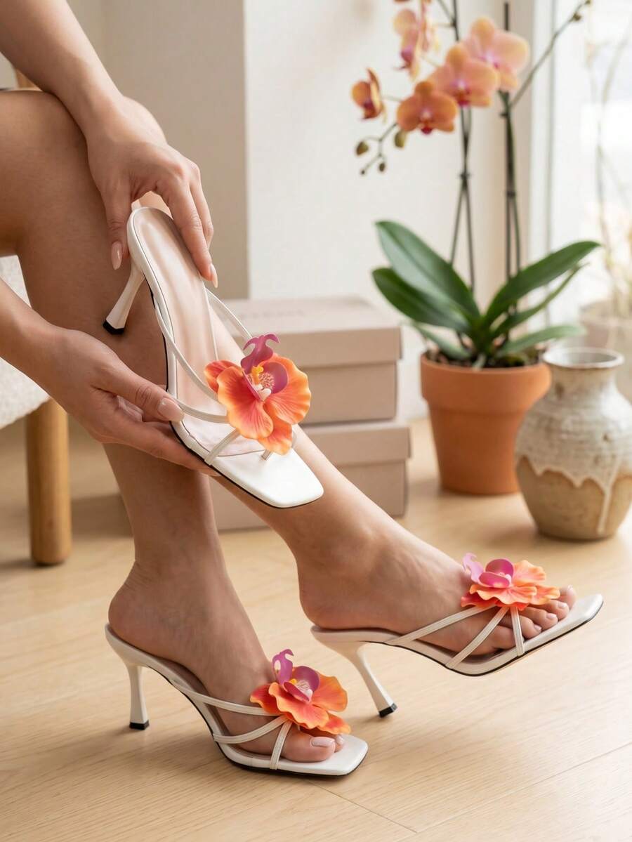 夏季度假風復古碎花裝飾夾趾細跟高跟涼鞋女款，夏季新款小眾高端顯瘦時尚百搭優雅舒適高跟鞋，適合通勤、宴會、度假