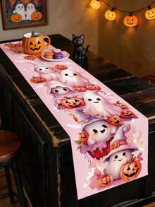 1 pieza Camino de mesa de Halloween con patrón de calabaza rosa, monstruo y floral, de 180*35cm de tela de poliéster, decoración de Halloween, decoración de mesa de fiesta de Halloween, decoración del hogar, decoración de dulces de Halloween, decoración alegre de Halloween, centro de mesa, decoración espeluznante de Halloween - Modelo E - Ver 3