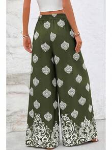 [Free Shipping]Women Wide Leg Pants Casual High Waist Floral Palazzo Pants For Women Flowy Lounge Boho Beach Trousers Pockets Women's Wide Leg - 軍綠色 - 查看 3