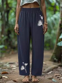 (Non-Localized Printing) Women's Botanical Print Casual Pants - Navy Blue - View 2