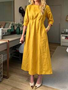 2026 Spring/Summer Women's Cotton-Linen Solid Color Casual Loose Long Dress With Double Side Pockets - Light Blue - View 8