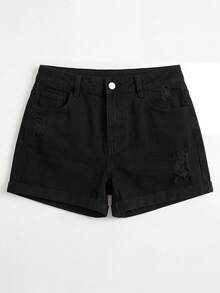 Plus Size High Stretch Black Denim Shorts With Distressed Details, Buttons, Zipper And Pockets Casual Summer - Black - View 10