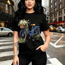 Camiseta de mujer con estampado de bicicleta vintage azul llena de flores amarillas y blancas - diseño retro elegante, ajuste cómodo para el día a día, estilo urbano chic ideal para paseos por la ciudad, compras o citas especiales - regalo perfecto p - Negro - Ver 8