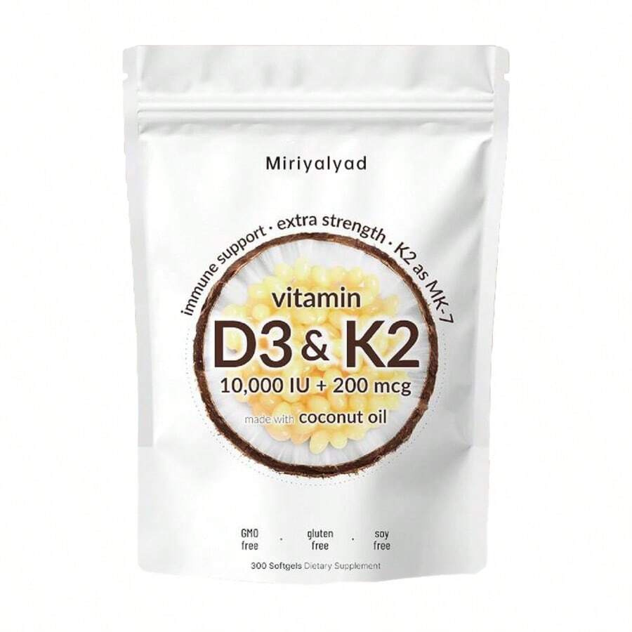 Miriyalyad Vitamin D3 & K2 Supplement - 300 Softgels, 10000 D3 + 200 Mcg -7, With Coconut Oil, Third-Party Tested, Supports Immune Health & Wellness - 1PCS - 查看 1