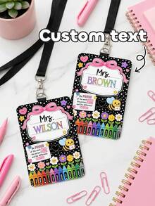 1pc Customized Teacher ID Card Holder With Name Lanyard, Teacher Badge Holder, Cute Bee & Crayon Design, Composition Notebook Lanyard, End Of Semester Teacher Gift, Teacher Appreciation Gift, Teacher Gift, Back To School, Teacher Accessories - Multicolor - View 2