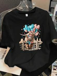 Top de mujer de manga corta y cuello redondo con estampado de perro, globos y estrellas en la cabeza, apto para todas las estaciones. - Negro - Ver 1