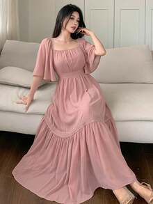 Vestido midi de encaje con bloques de color y estampado floral para mujeres, atuendo de vacaciones, Pascua y estilo bohemio - Rosa - Ver 1