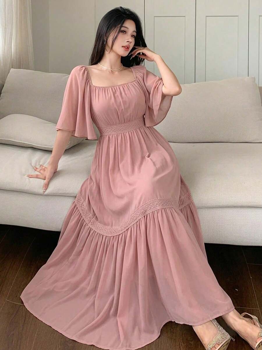 Vestido midi de encaje con bloques de color y estampado floral para mujeres, atuendo de vacaciones, Pascua y estilo bohemio - Rosa - Ver 1