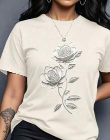 Women's Casual Crew Neck Short Sleeve T-Shirt With Floral Print, Perfect For Valentine's Day - Vintage Street Style Unisex Cotton Short Sleeve Crew Neck T-Shirt - 杏色 - 查看 6