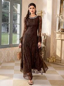 Elegant Women's Brown Lace Long Sleeve Formal Dress, Featuring Beaded Round Neck And Flared Hem, Suitable For Evening Occasions, Soft Back Tie Detail, Suitable For Parties, Galas - Coffee Brown - View 5