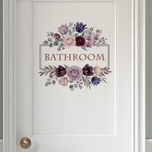1pc Mori Style Watercolor Floral Bathroom Sticker, Purple Bouquet , Bathroom Door Sign Beautification Sticker - Multicolor - View 3