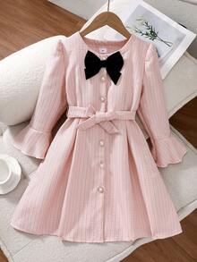 2pcs/Set Princess Dress For Girls 8-12 Years Old, Elegant Style, Pink Tweed + Black Bow On Chest + Pearl Button Front Closure + Detachable Waistband + Flared Sleeve Design + Princess Sleeve, Suitable For Daily Wear / Party - Pink - View 5