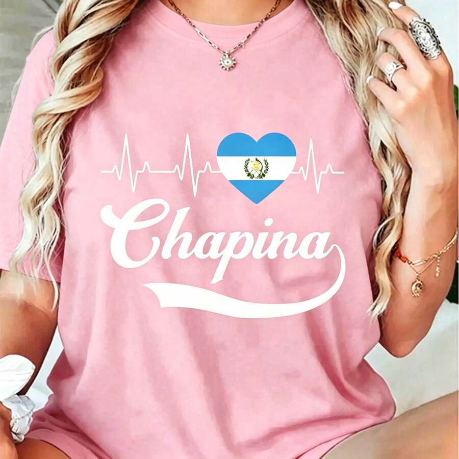 100% Cotton Unisex Guatemalan Flag Girl Women Guatemala Chapina Camiseta Slang T-Shirt-Vintage Street Style Unisex Loose Cotton Short Sleeve Crew Neck T-Shirt,Summer Outfits For Women - 粉色 - 查看 1