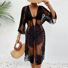 New Embroidered Lace Kimono-Style Jacket; Sarong To Wear Over A Bikini - Black - View 2