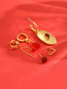 6pcs/Set Pendientes de clip de oreja vintage minimalista y elegante con circonita roja exquisita de un solo lado, adecuado para mujeres en citas, fiestas y uso diario 5 - Amarillo Oro - Ver 3
