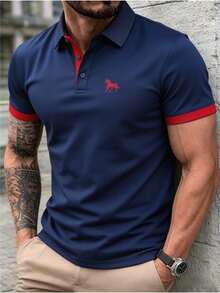 1件男士夏季對比領馬匹印花 Polo 衫，冰絲快乾透氣商務休閒通勤上衣 - 藏蓝色 - 查看 10