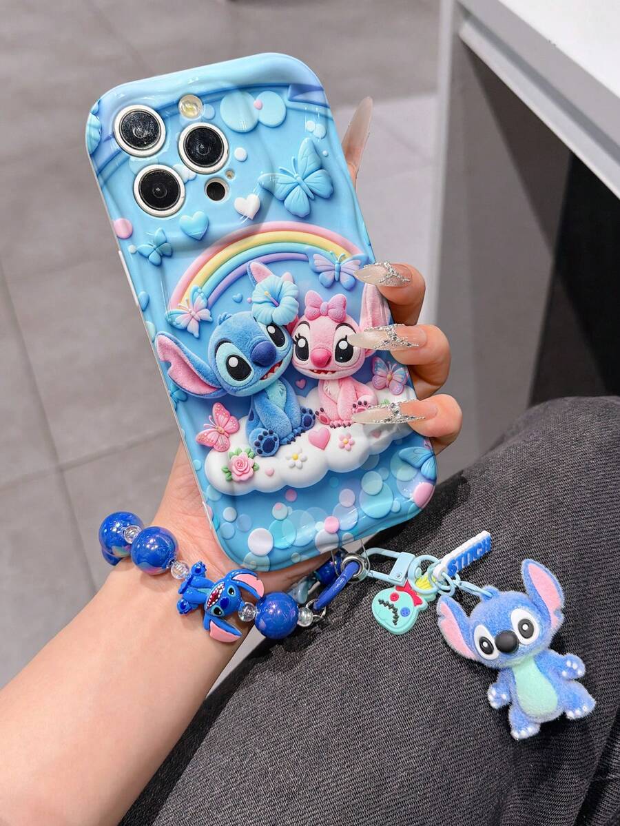 Disney Has Authorized, Phone Case - Chain Set, The Stitch Lilo & Stitch 3D Phone Case Plus A Silicone 3D Stitch Bracelet With Metallic Ring Removable Bracelet, Stitch And Angel Pattern, Compatible With Iphone17/16/15/14/13/12/11/XS/XR/X Plus Pro Max, A Stylish Cartoon Phone Case, The Perfect Gift Choice, Phone Protection, Durable Phone Cover, Great Gift For Friends And Family. - trắng - Xem 1