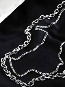 Collar de cadena gruesa de doble capa con cierre OT, estilo minimalista de calle hip-hop, cadena de clavícula versátil, accesorio punk unisex - Plateado - Ver 2