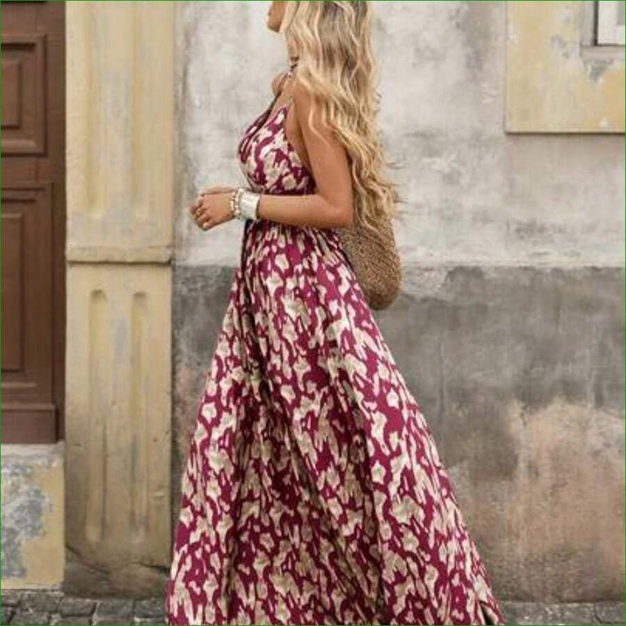 Vestido sin mangas de cuello en V con estampado total para vacaciones de verano de mujer - Rojo violeta - Ver 1