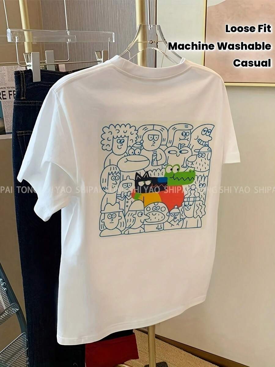 Cute Y2K-Style Summer Top. 1pac. Cute Y2K-Style Summer Top. 100% Cotton Women's Casual White T-Shirt - New For Summer 2024, Loose Fit, Round Neck And Fun Cartoon Print, Lightweight Machine Washable Top, Youthful Design, Non-See-Through Fabric, Unisex. Perfect For Casual Wear. - 白色 - 查看 1