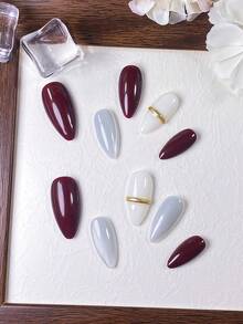 10pcs Kuku Almond Buatan Tangan Blok Warna Merah & Putih, Mata Kucing Kristal Perak, Garis Bubuk Cermin Emas, Warna Solid Minimalis, Nuansa Premium, Seni Kuku Tempel yang Mudah Dilepas - Burgundy - View 4