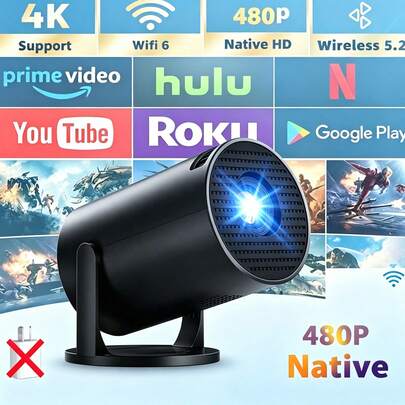 1pc 720*480P HD Smart Projector, Native Resolution, Supports 4K, Mini Portable Projector, 180° Adjustable, Wireless Connection Compatible With Phones & Tablets, Indoor & Outdoor Viewing Without Screen Required