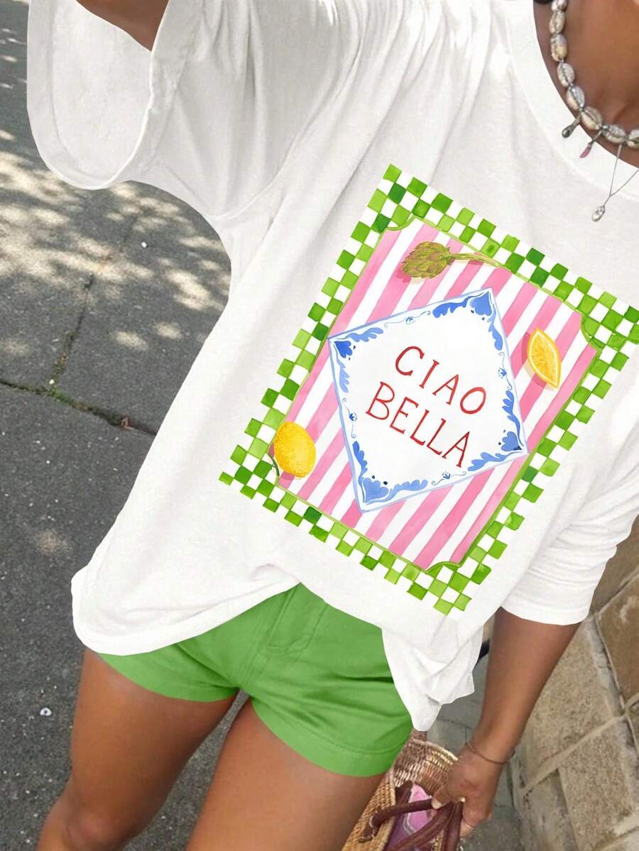 2026 T-Shirt Da Donna Taglie Forti Con Stampa Di Funghi, Girocollo, Maniche Corte, Casual, Per L'estate, Top Da Donna, T-Shirt Da Donna, T-Shirt Grafiche Da Donna, T-Shirt Oversi - 白色 3 - 查看 1