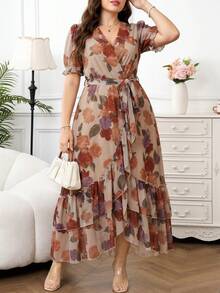 Reflora Vestido de moda con cuello en V, estampado floral y volantes para mujer de talla grande - Multicolor - Ver 1