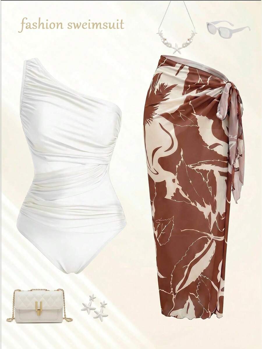 Swim Oasis Traje de baño de una pieza con panel de malla fruncida de unicolor y falda pareo - Multicolor - Ver 1
