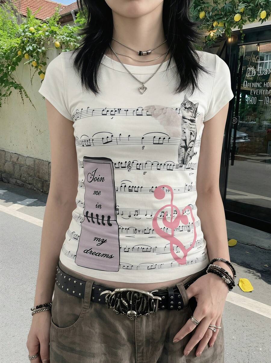 女士Y2K风格可爱朋克T恤 - 白色,音符印花,猫咪图案,粉色高音谱号,修身休闲夏季款 - 彩色 - 查看 1