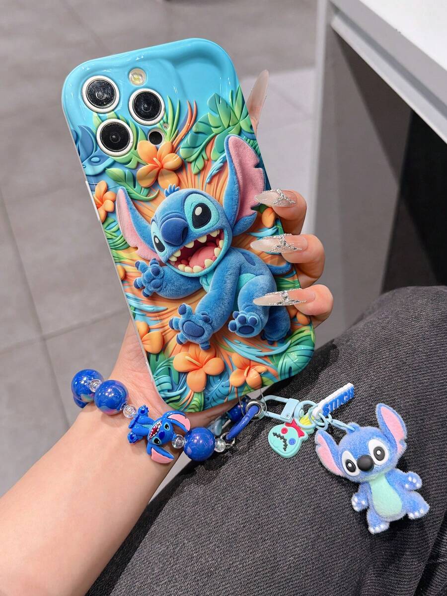 Disney Has Authorized, Phone Case - Chain Set, The Stitch Lilo & Stitch 3D Phone Case Plus A Silicone 3D Stitch Bracelet With Metallic Ring Removable Bracelet, Stitch And Angel Pattern, Compatible With Iphone17/16/15/14/13/12/11/XS/XR/X Plus Pro Max, A Stylish Cartoon Phone Case, The Perfect Gift Choice, Phone Protection, Durable Phone Cover, Great Gift For Friends And Family. - trắng - Xem 1