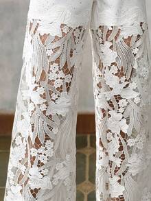 Women's Straight Leg Trousers With Lace And Rhinestones - 白色 - 查看 1