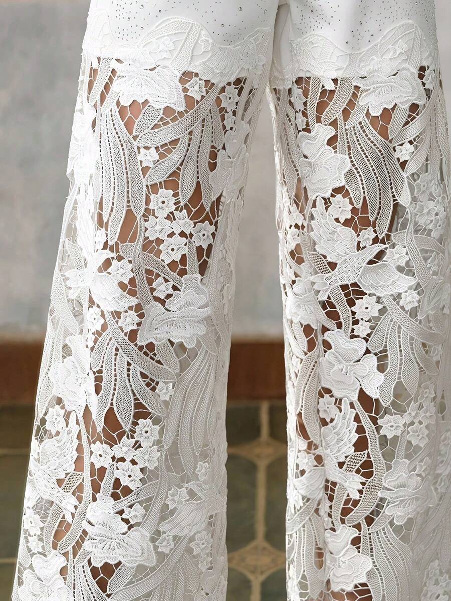 Women's Straight Leg Trousers With Lace And Rhinestones - 白色 - 查看 1
