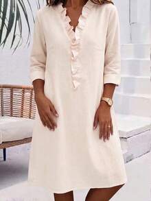 2026 Summer New Loose Comfortable Casual V-Neck Ruffle Solid Color Women's Dress - Apricot - View 1