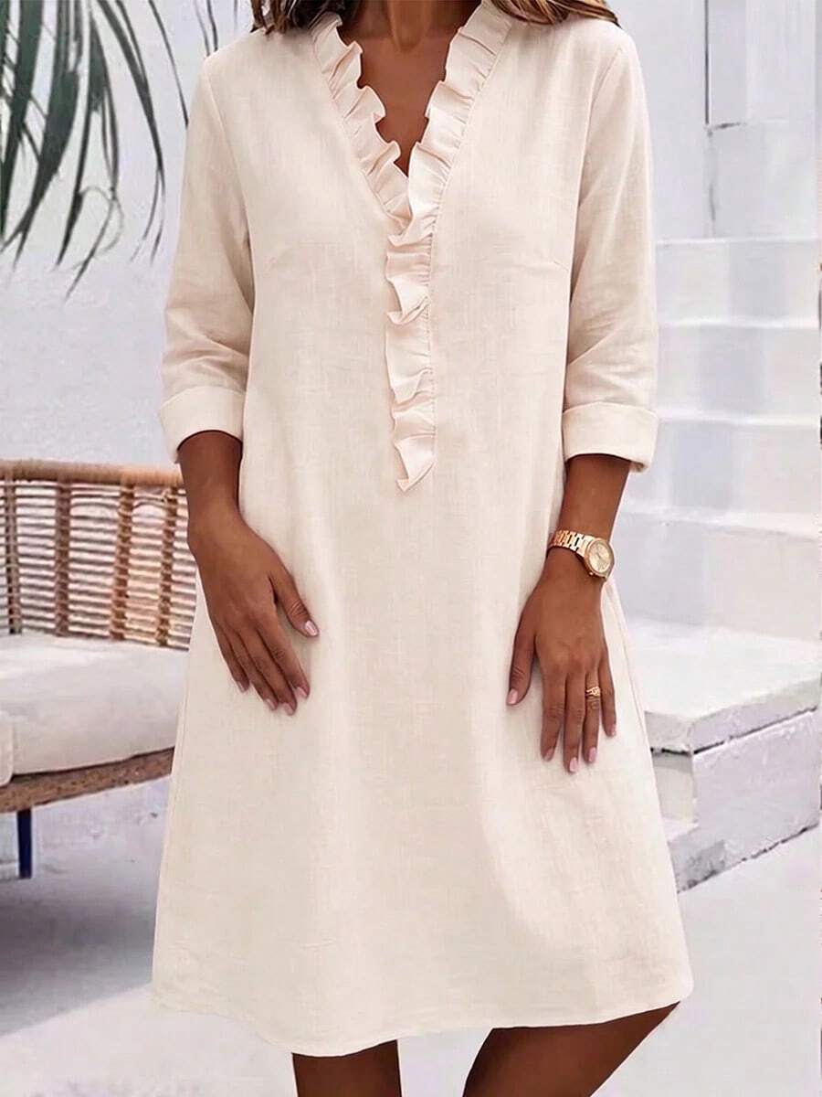 2026 Summer New Loose Comfortable Casual V-Neck Ruffle Solid Color Women's Dress - Apricot - View 1