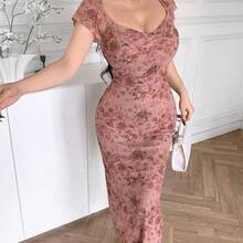 Vestido ajustado con estampado floral casual para mujeres, vestidos casuales para cumpleaños, ropa de mujer, vestidos de verano para el trabajo, vestido de graduación, vestidos elegantes para mujeres - Púrpura malva - Ver 3