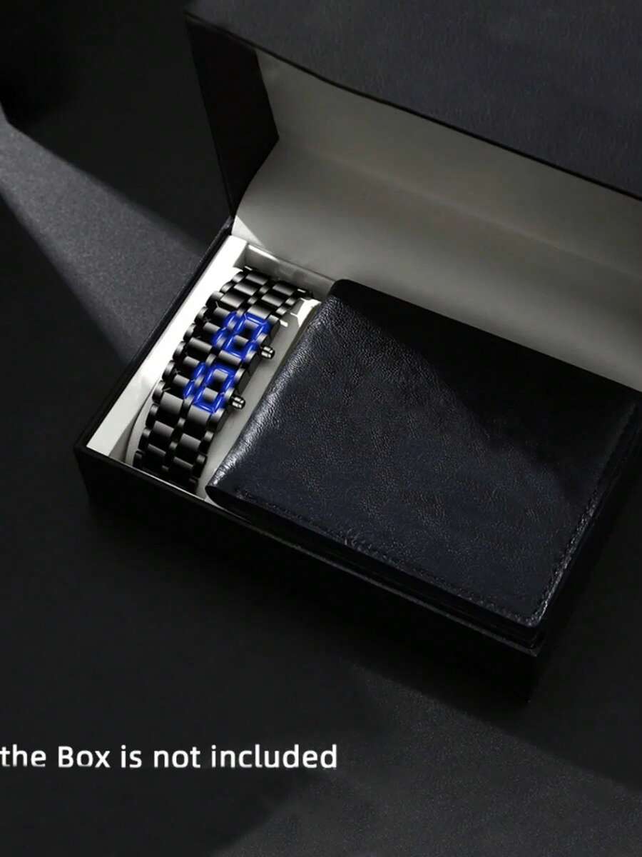 2pcs/Set Fashion New Business Men's Stainless Steel Strap LED Digital Watch Suitable For Daily Decoration - Black - View 1