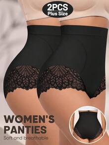 MEIYATING 2pcs Plus Size High Waist Seamless Lace Pattern Triangle Panties For Women - Black - View 2