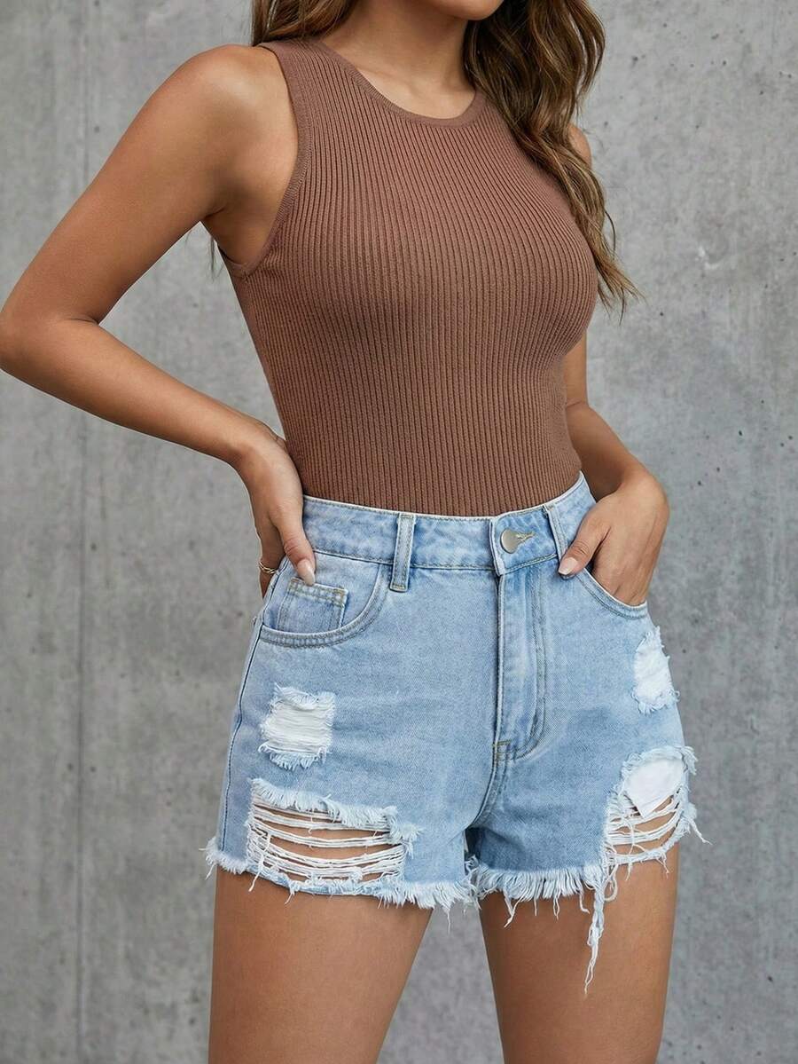 Celana Pendek Denim Wanita Gaya Y2K Modis Kasual dengan Detail Sobek dan Rumbai di Bagian Bawah, Model Lurus, Cocok untuk Musim Panas. - Biru - View 1