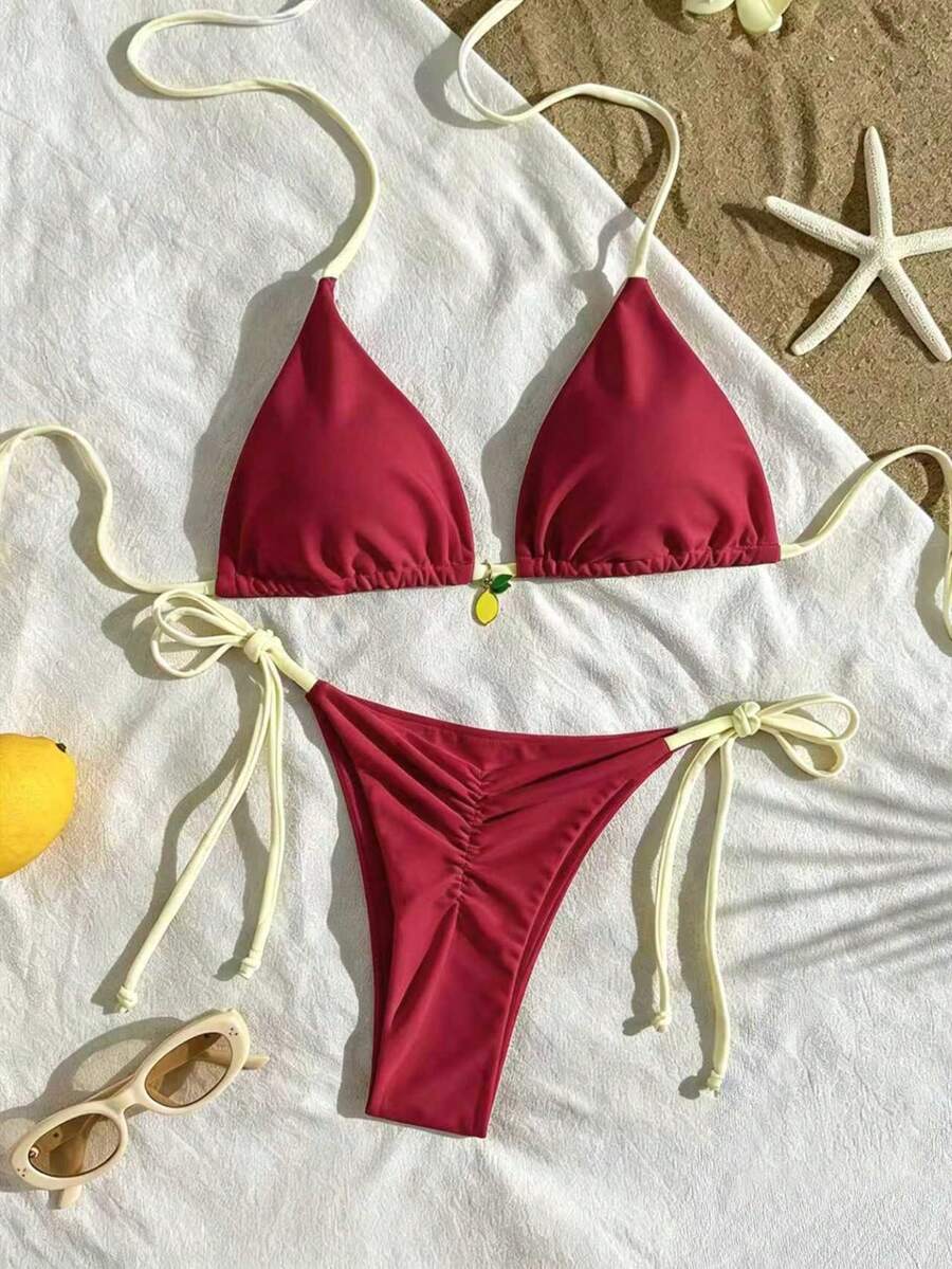 女款性感紅色露背細肩帶比基尼套裝,綁帶設計,休閒高彈力兩件式泳衣,度假海灘適用 - 紅色 - 查看 1