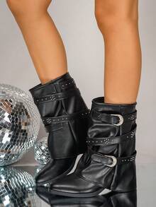 1 par de botas plegables plisadas populares con hebilla de moda, planas y cómodas, de unicolor, estilo occidental casual, de cuero de microfibra, hasta la pantorrilla, para fiestas de vacaciones, otoño e invierno - Negro - Ver 4