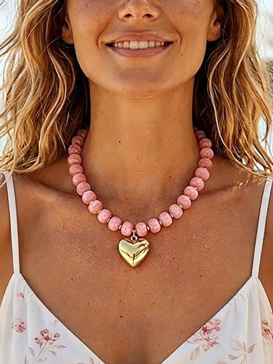 Women's Exaggerated Beaded Necklace Gold Fluffy Heart Choker Necklace Colorful Resin Bead Heart Pendant Necklace Fashion Jewelry - Pink - View 1