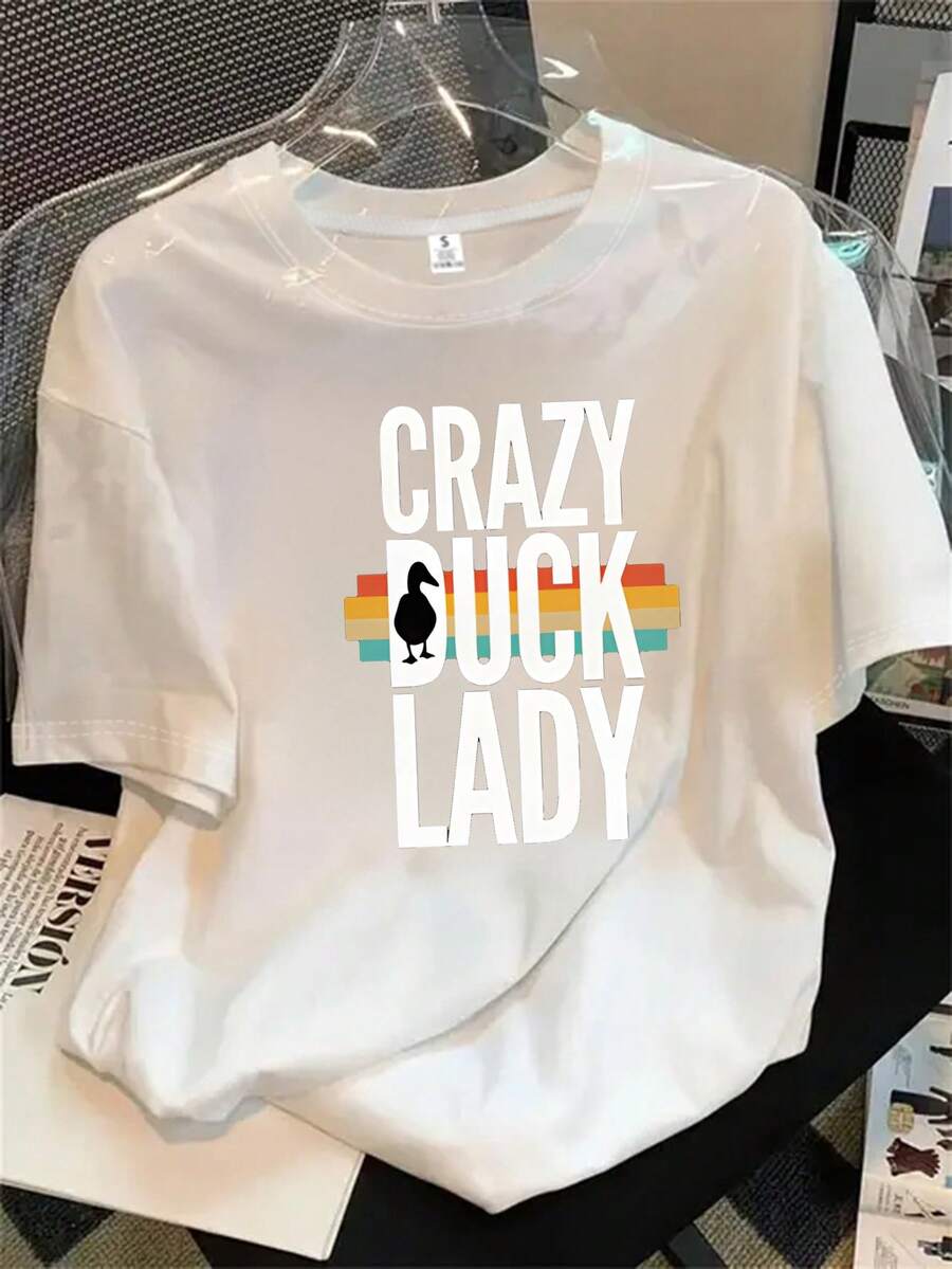Top de mujer de manga corta y cuello redondo con estampado del logo del pato, apto para todas las estaciones. - Blanco - Ver 1