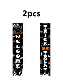 2pcs Halloween Porch Hanging Flags (35 X 180cm) – Polyester Material, Printed With Pumpkin, Skull, Ghost, Bat, Spider Web And Black Cat Patterns; "Happy Halloween" Vertical Yard Flags, Suitable For Front Door And Party Entrance - Multicolor - View 8