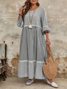 Ropa de invierno talla grande para mujer, conjunto de vacaciones, disfraz de mujer, vestido casual largo suelto con cuello redondo, mangas acampanadas, volantes en el bajo, a rayas - Blanco y Negro - Ver 1