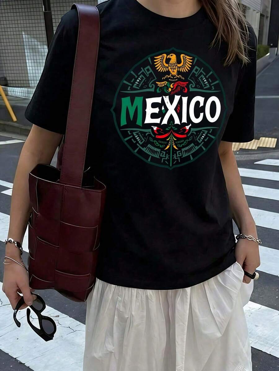 Camiseta de manga corta para mujer con gráfico del águila del emblema nacional de México, corte holgado, cuello redondo, estilo casual, ropa urbana con temática mexicana para el Cinco de Mayo, ideal para verano, vacaciones, uso diario, regalo para ella. - Negro - Ver 1
