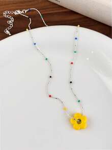 1pc Rainbow Flower! Dopamine Colorful Flower Beaded Necklace For Women, Fresh INS Sweet Design Collarbone Chain - Necklace - View 14