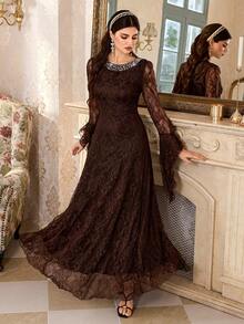 Elegant Women's Brown Lace Long Sleeve Formal Dress, Featuring Beaded Round Neck And Flared Hem, Suitable For Evening Occasions, Soft Back Tie Detail, Suitable For Parties, Galas - Coffee Brown - View 7