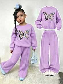 Young Girl Letter Butterfly Print Crew Neck Long Sleeve Sweatshirt And Sweatpants Set - Purple - View 1