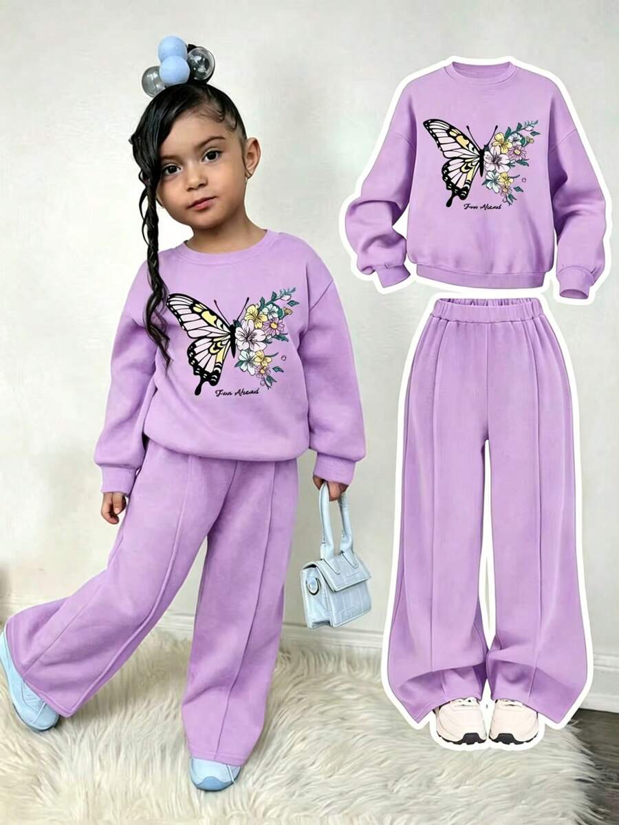 Young Girl Letter Butterfly Print Crew Neck Long Sleeve Sweatshirt And Sweatpants Set - Purple - View 1
